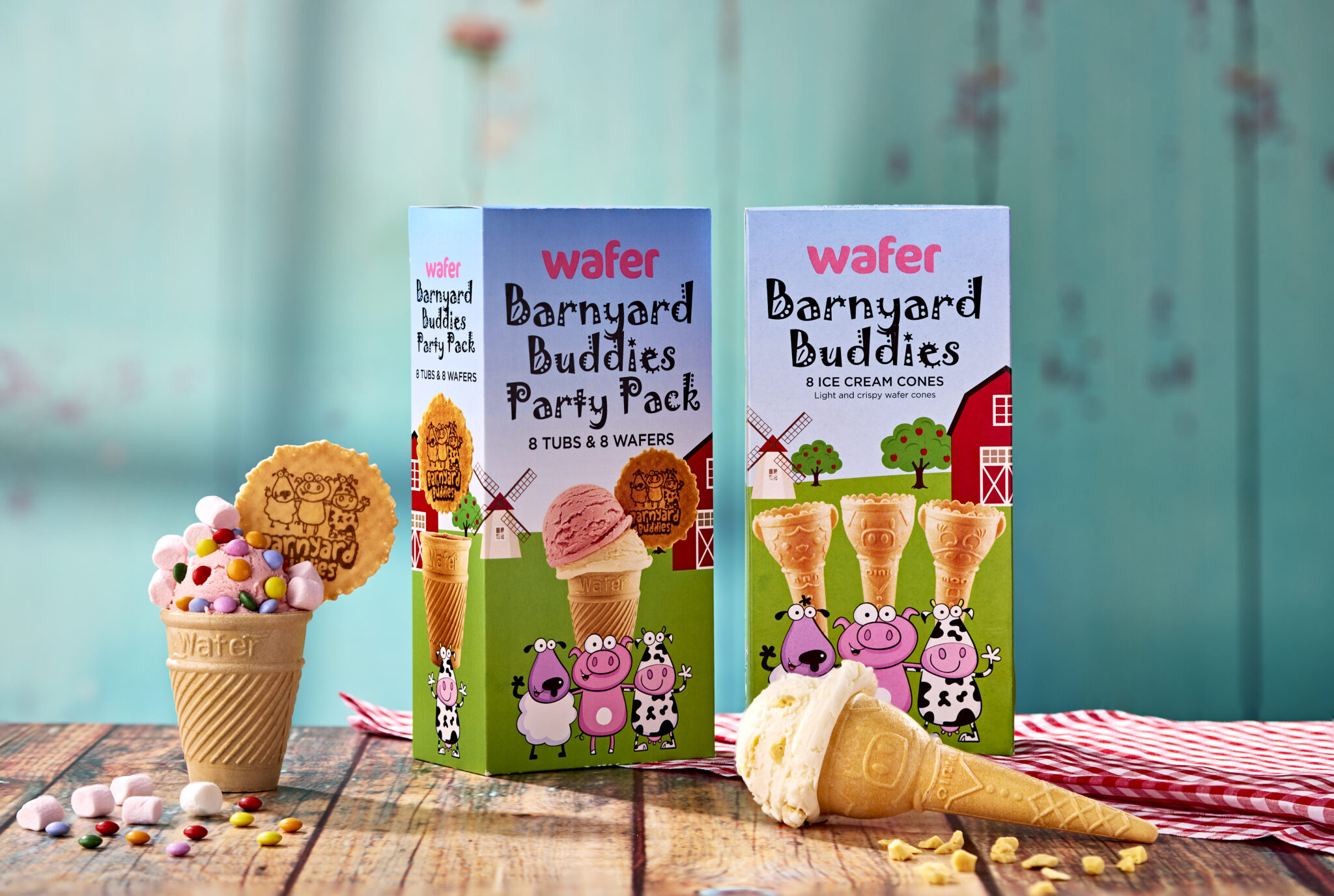 Barnyard buddies packaging lifestyle with cones
