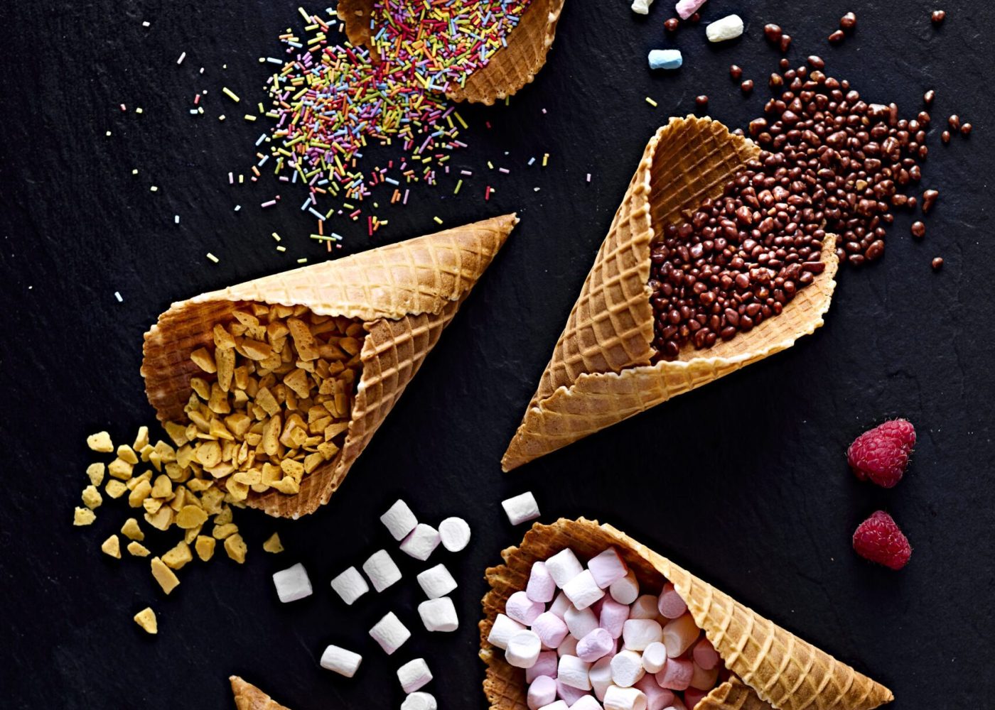 Waffle cones with toppings